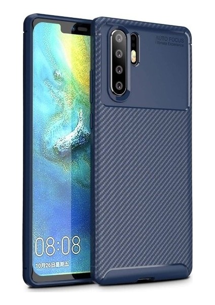Huawei P30 Pro Kılıf Karbon Desenli Lux Negro Silikon + Full Body Ekran Koruyucu Lacivert