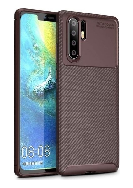 Huawei P30 Pro Kılıf Karbon Desenli Lux Negro Silikon + Tam Kaplayan 3D Cam Ekran Koruyucu Kahverengi