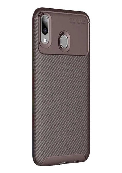 Huawei Y7 Prime 2019 Kılıf Karbon Desenli Lux Negro Silikon + Cam Ekran Koruyucu Kahverengi