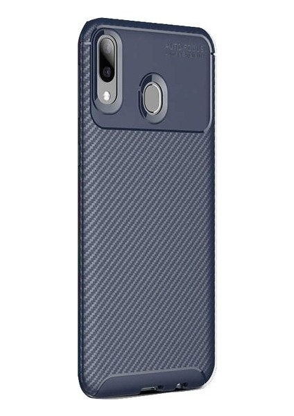 Huawei Y7 Prime 2019 Kılıf Karbon Desenli Lux Negro Silikon + Tam Kaplayan Cam Ekran Koruyucu Lacivert
