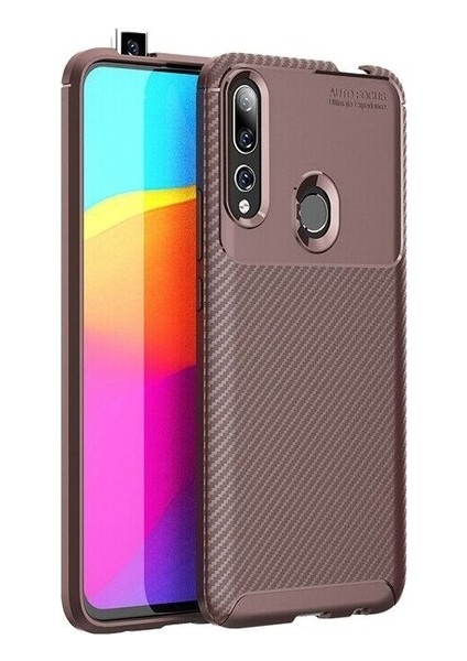 Huawei Y9 Prime 2019 Kılıf Karbon Desenli Lux Negro Silikon + Tam Kaplayan 6D Nano Ekran Koruyucu Kahverengi