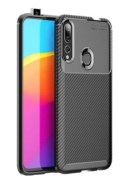 Huawei Y9 Prime 2019 Kılıf Karbon Desenli Lux Negro Silikon + Tam Kaplayan 6D Nano Ekran Koruyucu Siyah