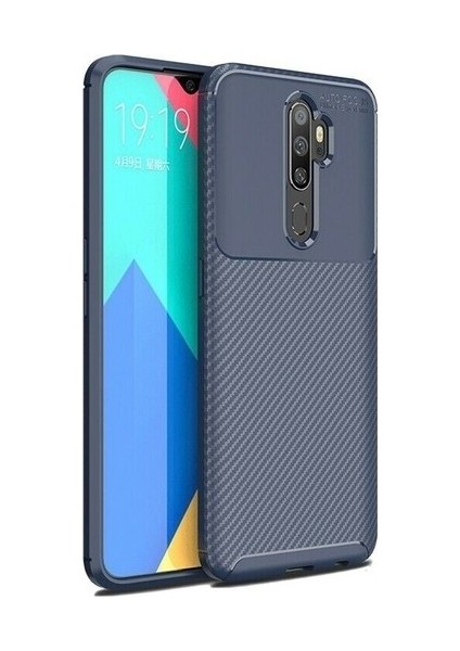 Tekno Grup Oppo A5 2020 Kılıf Karbon Desenli Lux Negro Silikon + Cam Ekran Koruyucu Lacivert