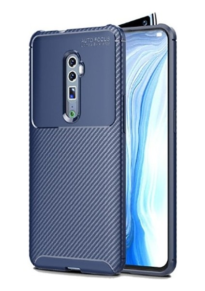 Oppo Reno 10x Zoom Kılıf Karbon Desenli Lux Negro Silikon + Tam Kaplayan 6D Nano Ekran Koruyucu Lacivert