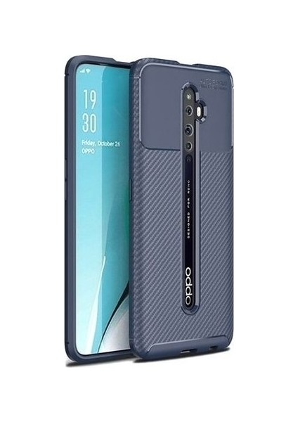 Oppo Reno 2 Kılıf Karbon Desenli Lux Negro Silikon + Nano Ekran Koruyucu Lacivert