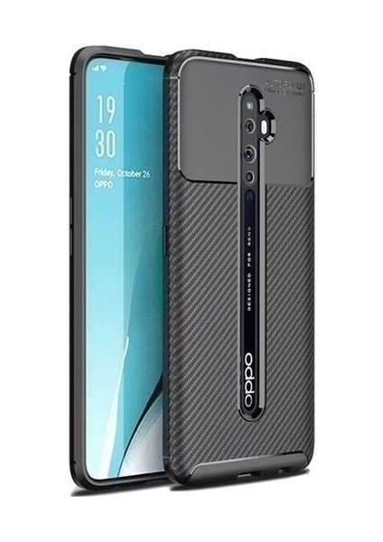Oppo Reno 2 Kılıf Karbon Desenli Lux Negro Silikon + Nano Ekran Koruyucu Siyah