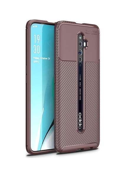 Oppo Reno 2Z Kılıf Karbon Desenli Lux Negro Silikon + Tam Kaplayan 6D Nano Ekran Koruyucu Kahverengi
