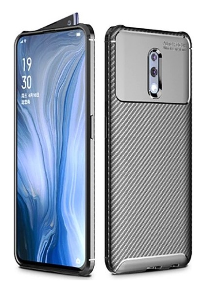 Oppo Reno Kılıf Karbon Desenli Lux Negro Silikon + Cam Ekran Koruyucu Siyah