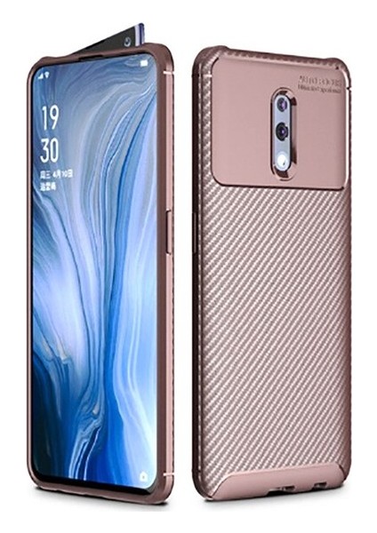 Oppo Reno Kılıf Karbon Desenli Lux Negro Silikon + Tam Kaplayan 6D Nano Ekran Koruyucu Kahverengi