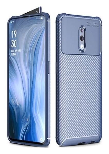 Oppo Reno Kılıf Karbon Desenli Lux Negro Silikon + Tam Kaplayan 6D Nano Ekran Koruyucu Lacivert