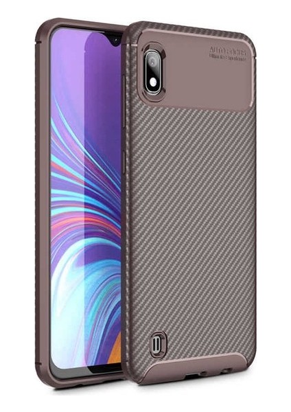 Samsung Galaxy A10 Kılıf Karbon Desenli Lux Negro Silikon + Tam Kaplayan Cam Ekran Koruyucu Kahverengi
