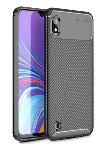 Samsung Galaxy A10 Kılıf Karbon Desenli Lux Negro Silikon + Tam Kaplayan Cam Ekran Koruyucu Siyah