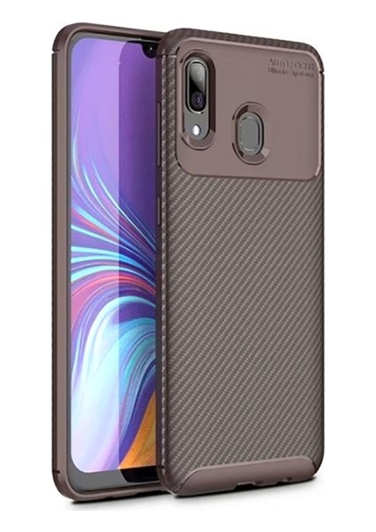 Samsung Galaxy A10s Kılıf Karbon Desenli Lux Negro Silikon + Tam Kaplayan Cam Ekran Koruyucu Kahverengi