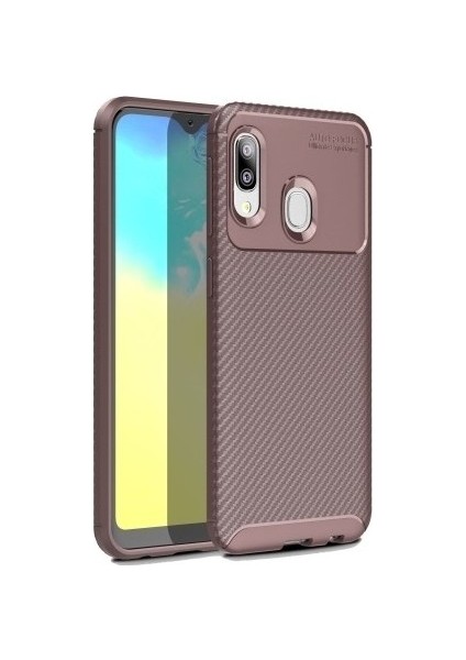Samsung Galaxy A20e Kılıf Karbon Desenli Lux Negro Silikon + Tam Kaplayan Cam Ekran Koruyucu Kahverengi