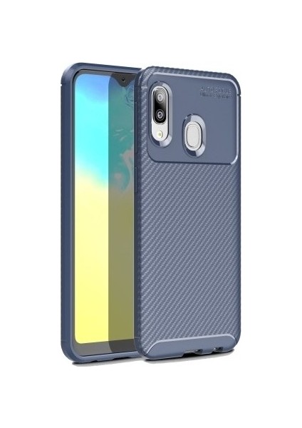 Samsung Galaxy A20e Kılıf Karbon Desenli Lux Negro Silikon + Tam Kaplayan Cam Ekran Koruyucu Lacivert