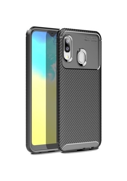 Samsung Galaxy A20e Kılıf Karbon Desenli Lux Negro Silikon + Tam Kaplayan Cam Ekran Koruyucu Siyah