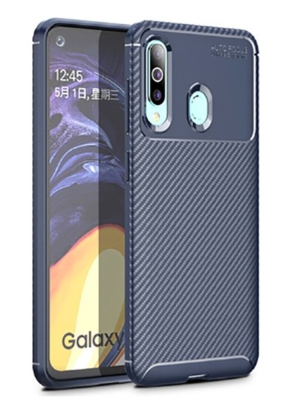 Samsung Galaxy A20s Kılıf Karbon Desenli Lux Negro Silikon + Tam Kaplayan 6D Nano Ekran Koruyucu Lacivert