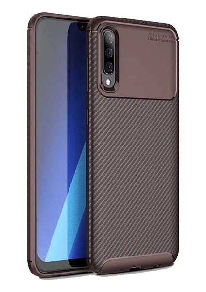 Tekno Grup Samsung Galaxy A50 Kılıf Karbon Desenli Lux Negro Silikon + Tam Kaplayan Cam Ekran Koruyucu Kahverengi