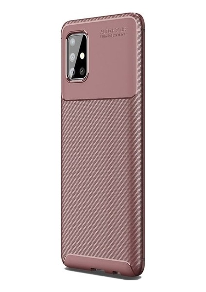 Samsung Galaxy A51 Kılıf Karbon Desenli Lux Negro Silikon + Tam Kaplayan Cam Ekran Koruyucu Kahverengi