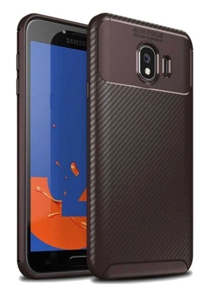 Samsung Galaxy J4 Kılıf Karbon Desenli Lux Negro Silikon + Cam Ekran Koruyucu Kahverengi