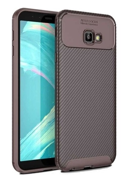 Samsung Galaxy J4 Plus Kılıf Karbon Desenli Lux Negro Silikon + Cam Ekran Koruyucu Kahverengi