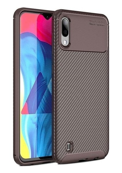 Samsung Galaxy M10 Kılıf Karbon Desenli Lux Negro Silikon + Tam Kaplayan 6D Nano Ekran Koruyucu Kahverengi