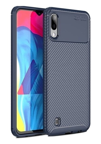 Samsung Galaxy M10 Kılıf Karbon Desenli Lux Negro Silikon + Tam Kaplayan 6D Nano Ekran Koruyucu Lacivert