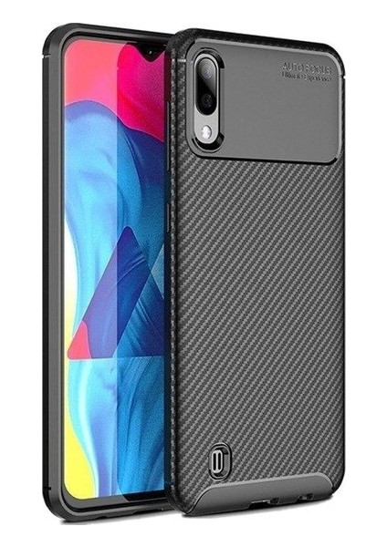 Samsung Galaxy M10 Kılıf Karbon Desenli Lux Negro Silikon + Tam Kaplayan 6D Nano Ekran Koruyucu Siyah