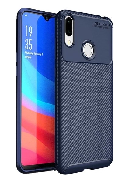Samsung Galaxy M20 Kılıf Karbon Desenli Lux Negro Silikon + Tam Kaplayan Cam Ekran Koruyucu Lacivert