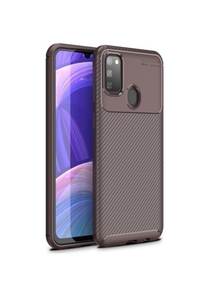 Samsung Galaxy M30s Kılıf Karbon Desenli Lux Negro Silikon + Cam Ekran Koruyucu Kahverengi