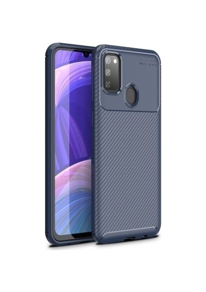Samsung Galaxy M30s Kılıf Karbon Desenli Lux Negro Silikon + Cam Ekran Koruyucu Lacivert