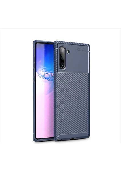 Samsung Galaxy Note 10 Kılıf Karbon Desenli Lux Negro Silikon + Tam Kaplayan 3D Cam Ekran Koruyucu Lacivert