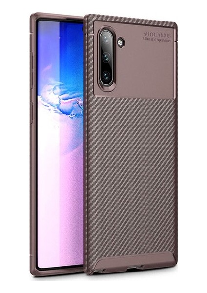 Samsung Galaxy Note 10 Kılıf Karbon Desenli Lux Negro Silikon + Tam Kaplayan 6D Nano Ekran Koruyucu Kahverengi