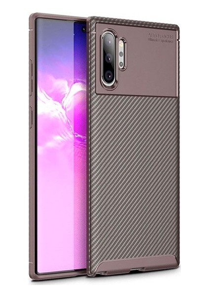 Samsung Galaxy Note 10 Plus Kılıf Karbon Desenli Lux Negro Silikon + Tam Kaplayan 3D Cam Ekran Koruyucu Kahverengi