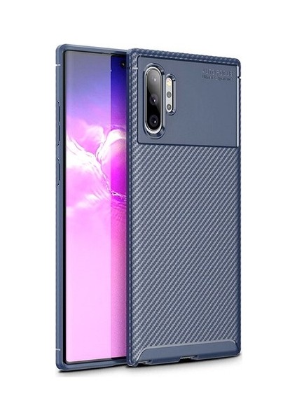 Samsung Galaxy Note 10 Plus Kılıf Karbon Desenli Lux Negro Silikon + Tam Kaplayan 3D Cam Ekran Koruyucu Lacivert
