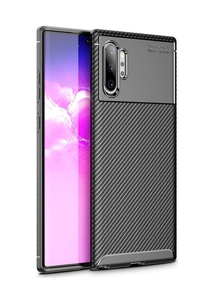 Samsung Galaxy Note 10 Plus Kılıf Karbon Desenli Lux Negro Silikon + Tam Kaplayan 3D Cam Ekran Koruyucu Siyah