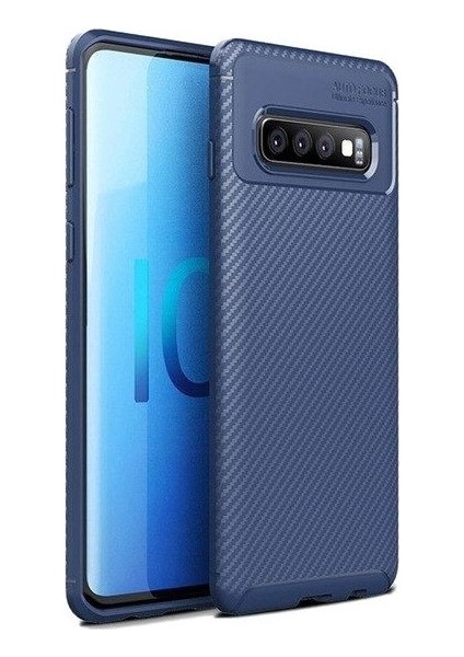 Samsung Galaxy S10 Kılıf Karbon Desenli Lux Negro Silikon + Tam Kaplayan 3D Cam Ekran Koruyucu Lacivert