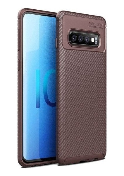 Samsung Galaxy S10 Kılıf Karbon Desenli Lux Negro Silikon + Tam Kaplayan 6D Nano Ekran Koruyucu Kahverengi