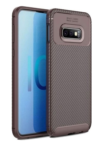Samsung Galaxy S10e Kılıf Karbon Desenli Lux Negro Silikon + Tam Kaplayan 3D Cam Ekran Koruyucu Kahverengi