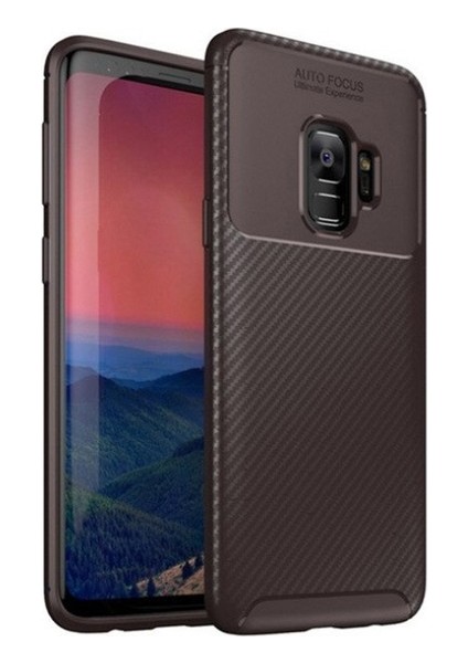 Samsung Galaxy S9 Kılıf Karbon Desenli Lux Negro Silikon + Tam Kaplayan 3D Cam Ekran Koruyucu Kahverengi