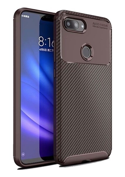 Xiaomi Mi 8 Lite Kılıf Karbon Desenli Lux Negro Silikon + Tam Kaplayan 6D Nano Ekran Koruyucu Kahverengi