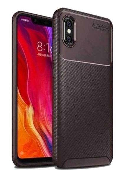 Xiaomi Mi 8 Pro Kılıf Karbon Desenli Lux Negro Silikon + Cam Ekran Koruyucu Kahverengi