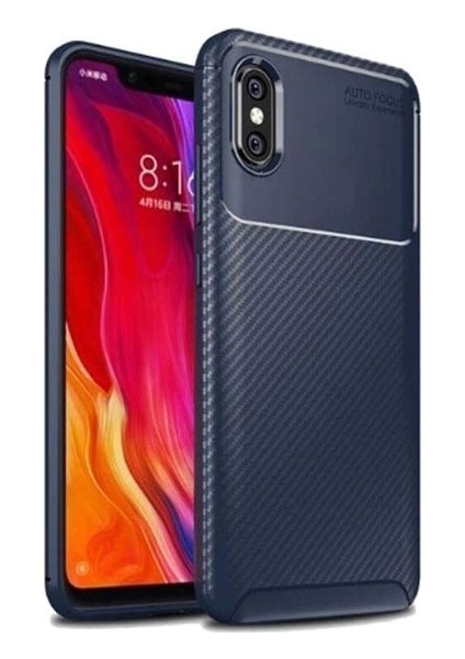 Xiaomi Mi 8 Pro Kılıf Karbon Desenli Lux Negro Silikon + Nano Ekran Koruyucu Lacivert