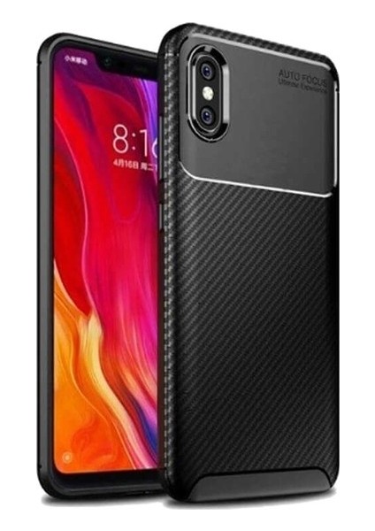 Xiaomi Mi 8 Pro Kılıf Karbon Desenli Lux Negro Silikon + Nano Ekran Koruyucu Siyah