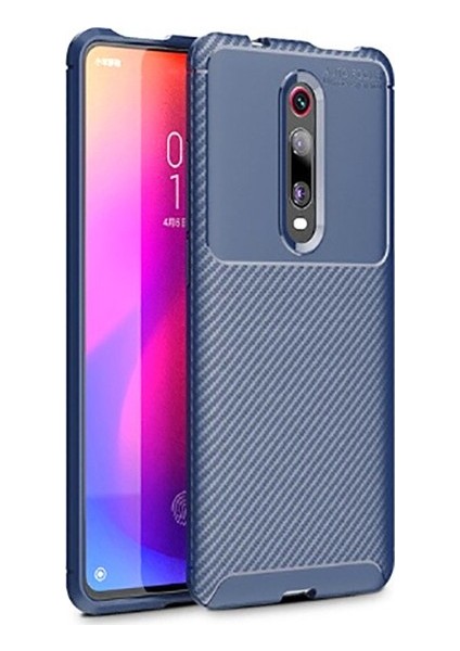 Xiaomi Mi 9T Kılıf Karbon Desenli Lux Negro Silikon + Tam Kaplayan 6D Nano Ekran Koruyucu Lacivert