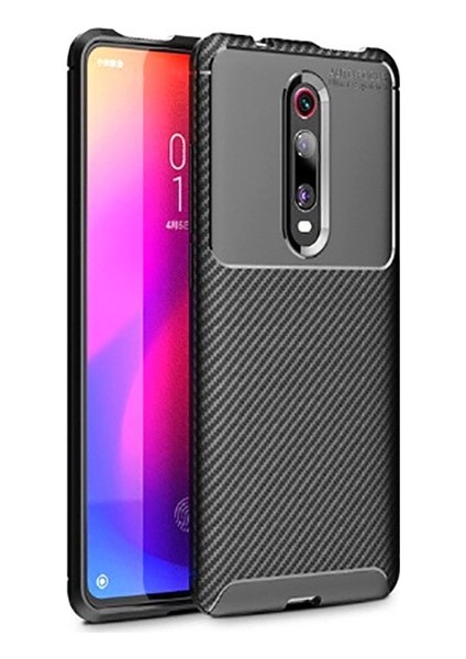 Xiaomi Mi 9T Kılıf Karbon Desenli Lux Negro Silikon + Tam Kaplayan Cam Ekran Koruyucu Siyah