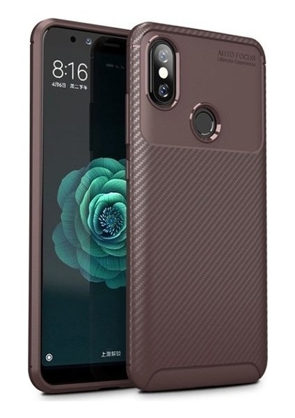 Xiaomi Mi A2 (6x) Kılıf Karbon Desenli Lux Negro Silikon + Cam Ekran Koruyucu Kahverengi