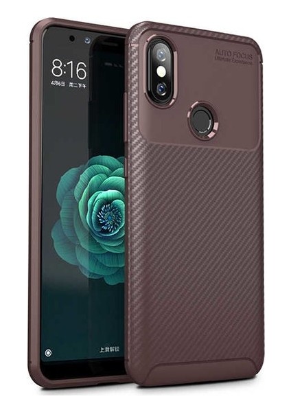 Xiaomi Mi A2 Lite Kılıf Karbon Desenli Lux Negro Silikon + Nano Ekran Koruyucu Kahverengi
