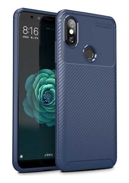 Xiaomi Mi A2 Lite Kılıf Karbon Desenli Lux Negro Silikon + Nano Ekran Koruyucu Lacivert