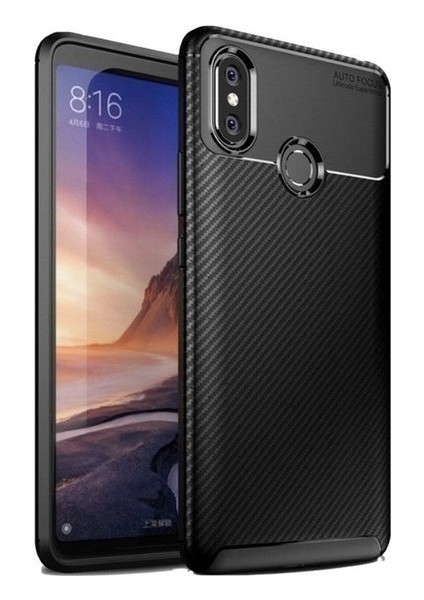 Xiaomi Mi Max 3 Kılıf Karbon Desenli Lux Negro Silikon + Nano Ekran Koruyucu Siyah